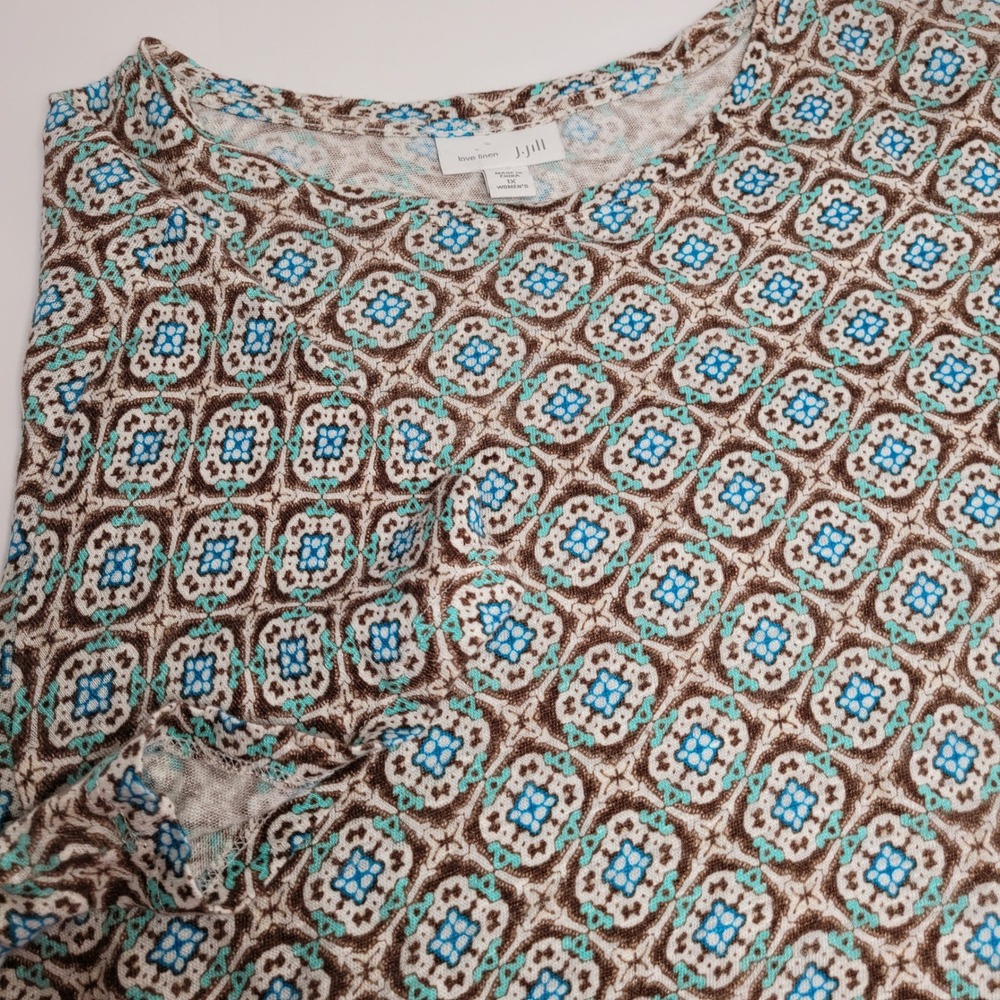 J. Jill Love‎ Linen Womens 1X Brown Blue Geometric Medallion KTP121724 Excellent